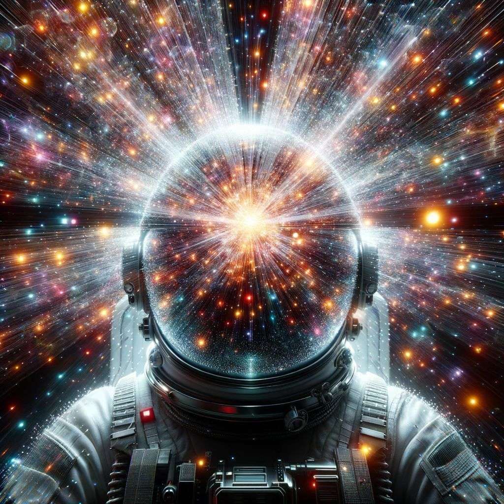 an astronaut, particle explosion, digital art